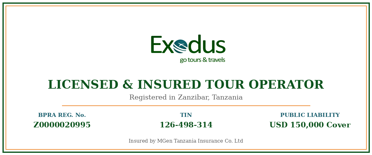Exodus Go Tours & Travel - licensed and insured tour operator registered in Zanzibar, Tanzania